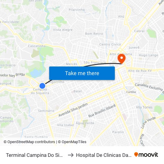 Terminal Campina Do Siqueira to Hospital De Clinicas Da Ufpr map