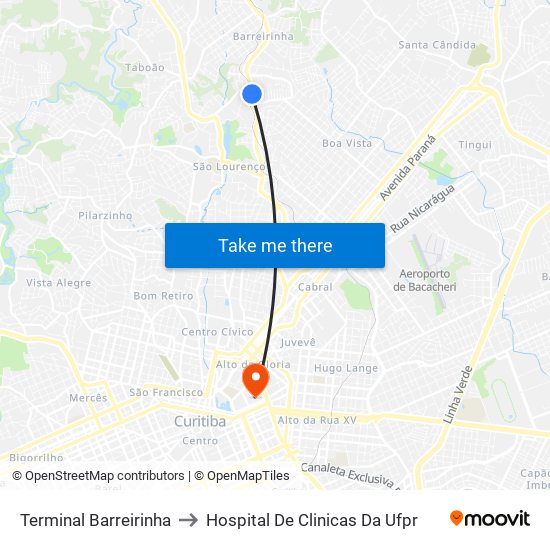 Terminal Barreirinha to Hospital De Clinicas Da Ufpr map