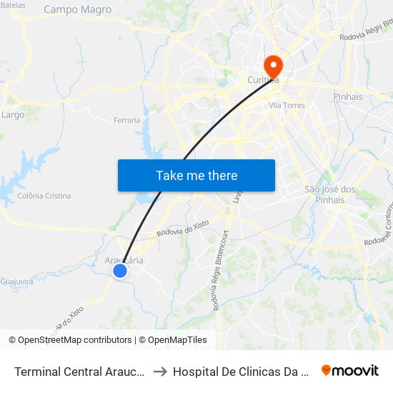 Terminal Central Araucária to Hospital De Clinicas Da Ufpr map