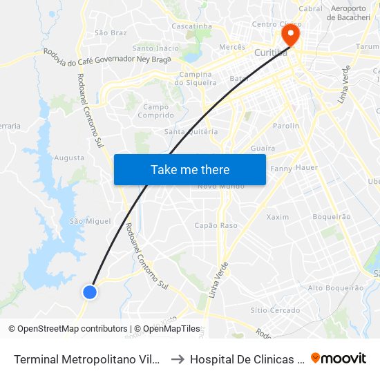 Terminal Metropolitano Vila Angélica to Hospital De Clinicas Da Ufpr map