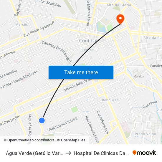 Água Verde (Getúlio Vargas) to Hospital De Clinicas Da Ufpr map