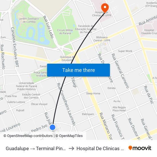 Guadalupe → Terminal Pinheirinho to Hospital De Clinicas Da Ufpr map