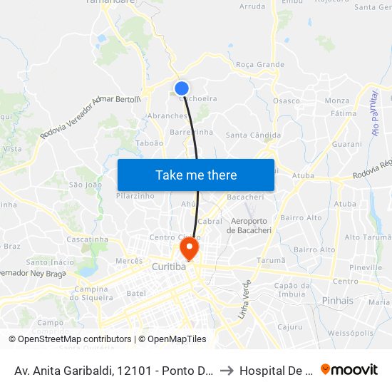 Av. Anita Garibaldi, 12101 - Ponto De Integração Temporal (Desembarque) to Hospital De Clinicas Da Ufpr map
