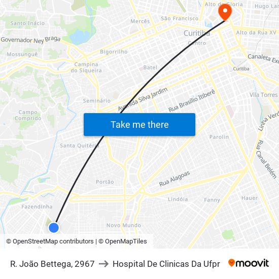 R. João Bettega, 2967 to Hospital De Clinicas Da Ufpr map