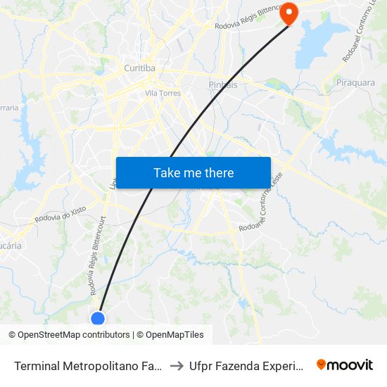 Terminal Metropolitano Fazenda Rio Grande to Ufpr Fazenda Experimental Cangüiri map