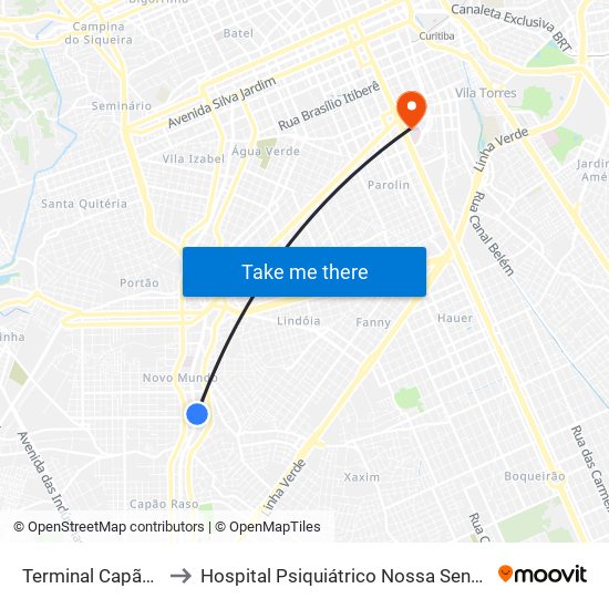 Terminal Capão Raso to Hospital Psiquiátrico Nossa Senhora Da Luz map