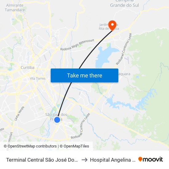 Terminal Central São José Dos Pinhais to Hospital Angelina Caron map