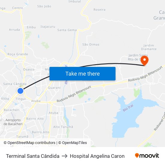 Terminal Santa Cândida to Hospital Angelina Caron map