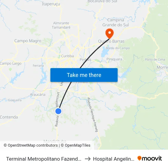 Terminal Metropolitano Fazenda Rio Grande to Hospital Angelina Caron map