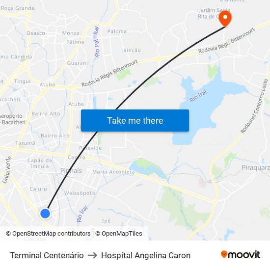 Terminal Centenário to Hospital Angelina Caron map