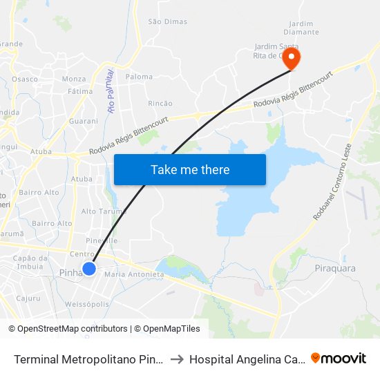 Terminal Metropolitano Pinhais to Hospital Angelina Caron map