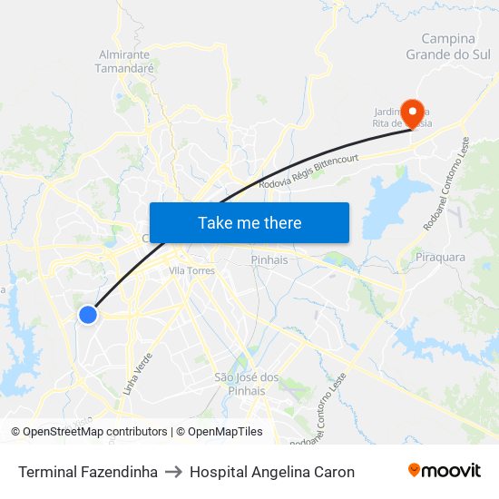 Terminal Fazendinha to Hospital Angelina Caron map