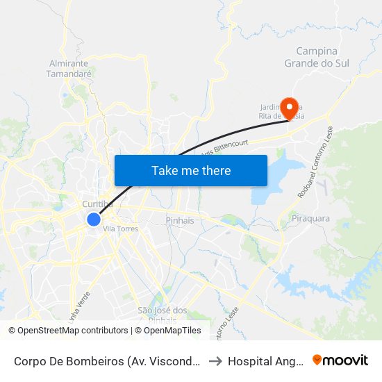Corpo De Bombeiros (Av. Visconde De Guarapuava, 3571) to Hospital Angelina Caron map