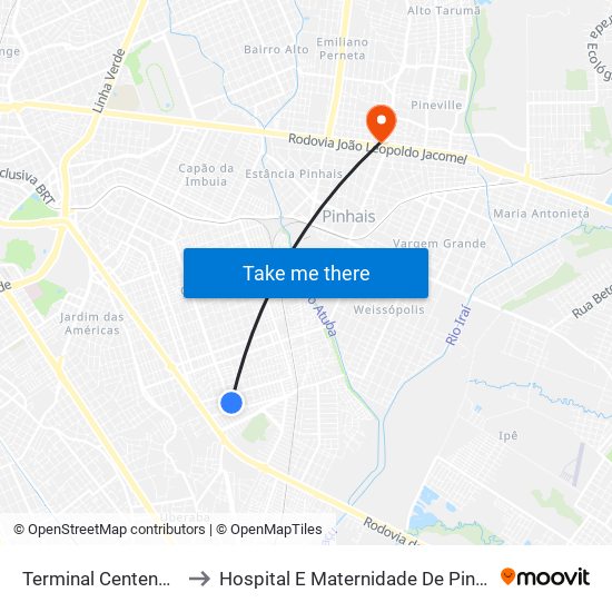 Terminal Centenário to Hospital E Maternidade De Pinhais map