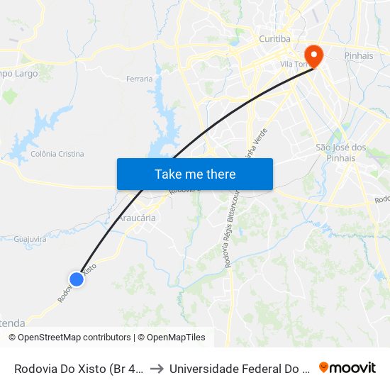 Rodovia Do Xisto (Br 476) - Entrada Guajuvira De Cima to Universidade Federal Do Paraná Campus Centro Politécnico map