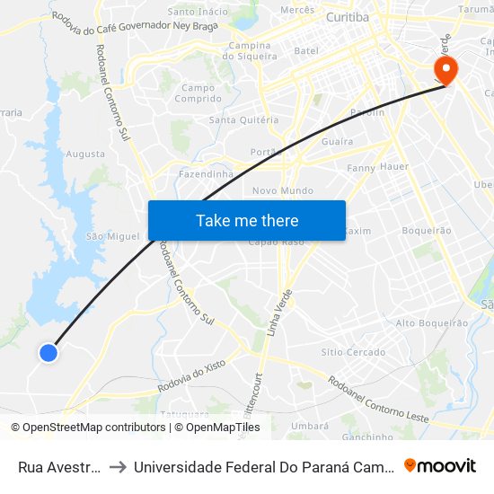 Rua Avestruz, 1416 to Universidade Federal Do Paraná Campus Centro Politécnico map