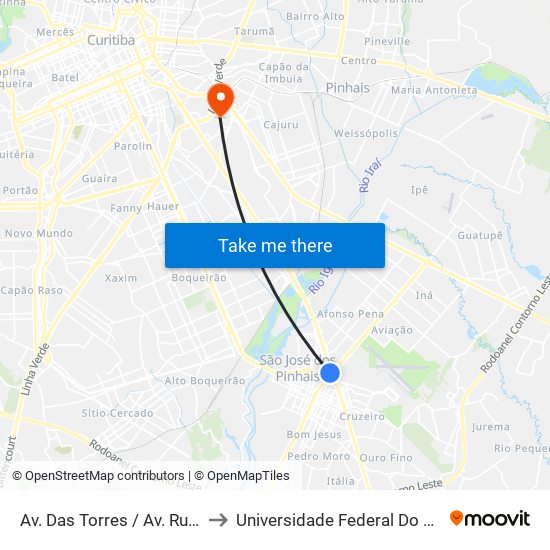 Av. Das Torres / Av. Rui Barbosa (Sentido Aeroporto) to Universidade Federal Do Paraná Campus Centro Politécnico map
