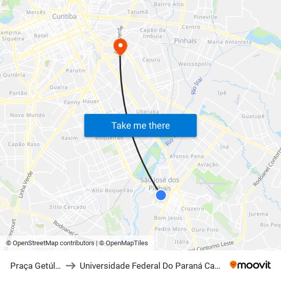Praça Getúlio Vargas to Universidade Federal Do Paraná Campus Centro Politécnico map