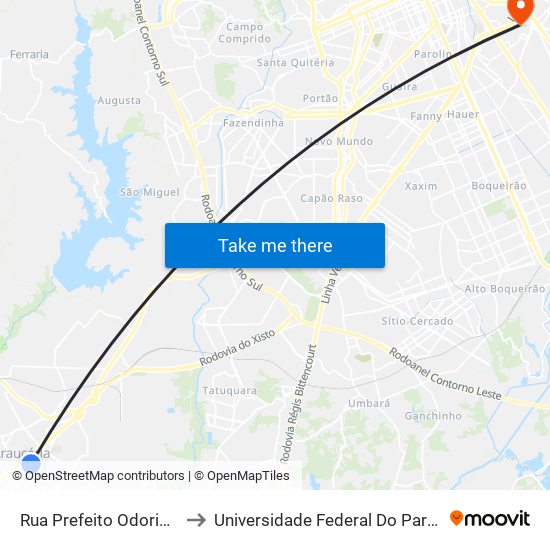 Rua Prefeito Odorico Franco Ferreira, 783 to Universidade Federal Do Paraná Campus Centro Politécnico map