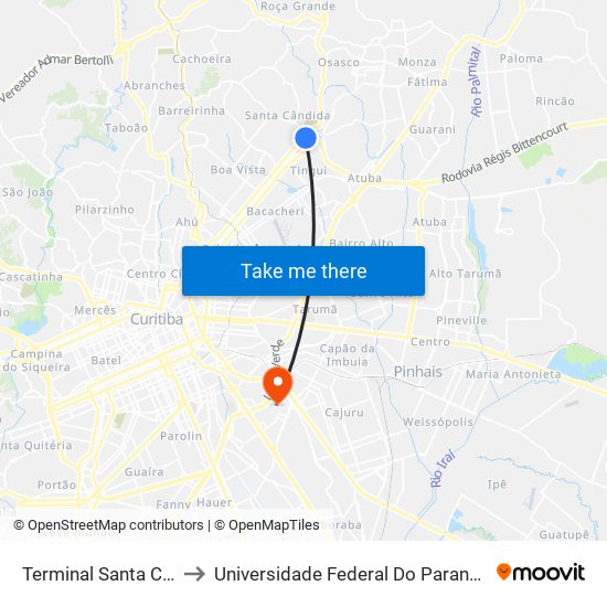 Terminal Santa Cândida (Externo) to Universidade Federal Do Paraná Campus Centro Politécnico map