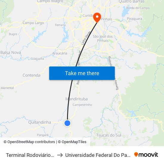 Terminal Rodoviário Areia Branca Dos Assis to Universidade Federal Do Paraná Campus Centro Politécnico map