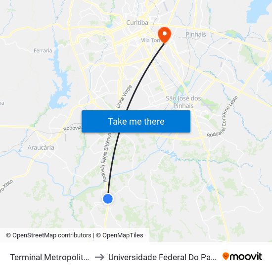 Terminal Metropolitano Fazenda Rio Grande to Universidade Federal Do Paraná Campus Centro Politécnico map