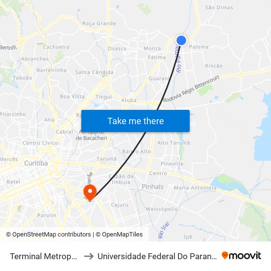 Terminal Metropolitano Guaraituba to Universidade Federal Do Paraná Campus Centro Politécnico map