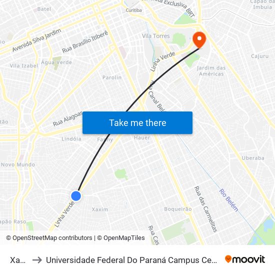 Xaxim to Universidade Federal Do Paraná Campus Centro Politécnico map