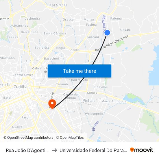 Rua João D'Agostin, 1700 - Guaraituba to Universidade Federal Do Paraná Campus Centro Politécnico map