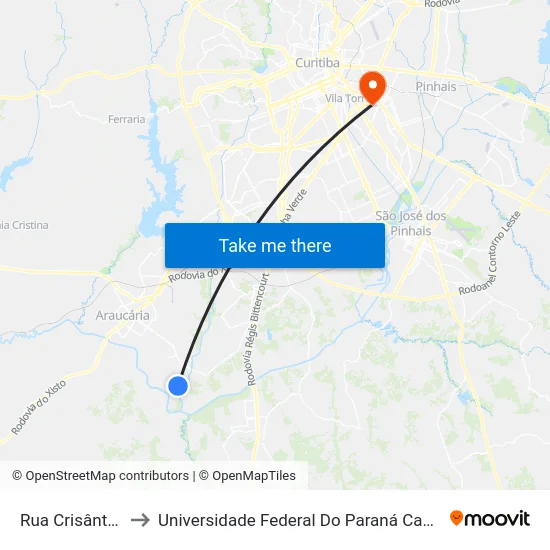 Rua Crisântemo 1800 to Universidade Federal Do Paraná Campus Centro Politécnico map