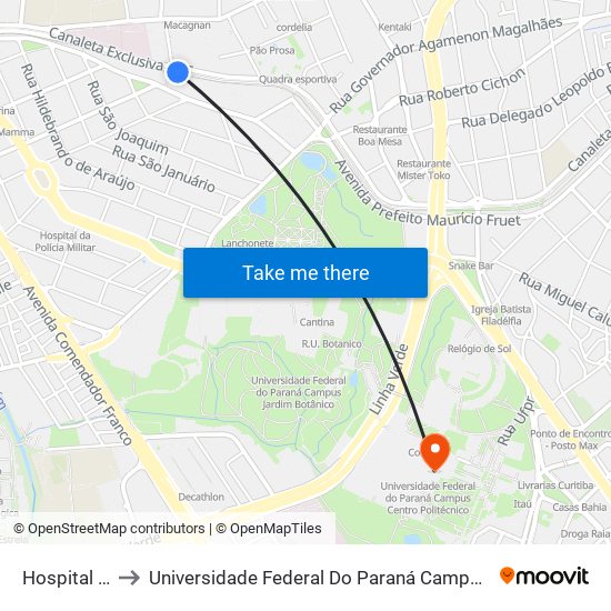 Hospital Cajuru to Universidade Federal Do Paraná Campus Centro Politécnico map