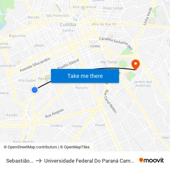 Sebastião Paraná to Universidade Federal Do Paraná Campus Centro Politécnico map