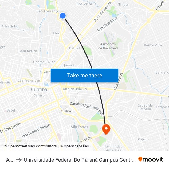 Ahú to Universidade Federal Do Paraná Campus Centro Politécnico map