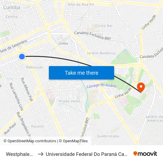 Westphalen (Iguaçu) to Universidade Federal Do Paraná Campus Centro Politécnico map
