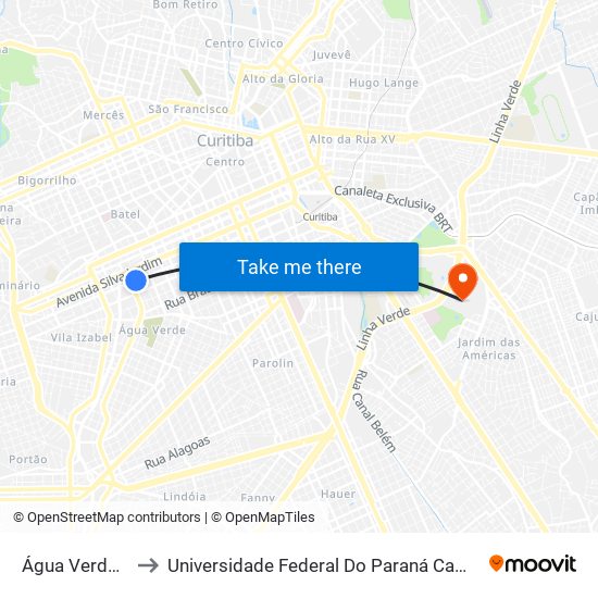 Água Verde (Iguaçu) to Universidade Federal Do Paraná Campus Centro Politécnico map