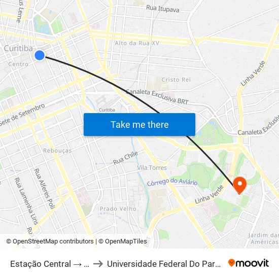 Estação Central → Terminal Capão Raso to Universidade Federal Do Paraná Campus Centro Politécnico map