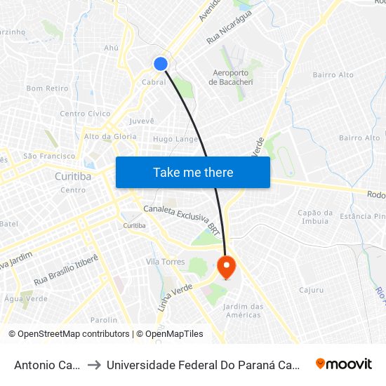 Antonio Cavalheiros to Universidade Federal Do Paraná Campus Centro Politécnico map