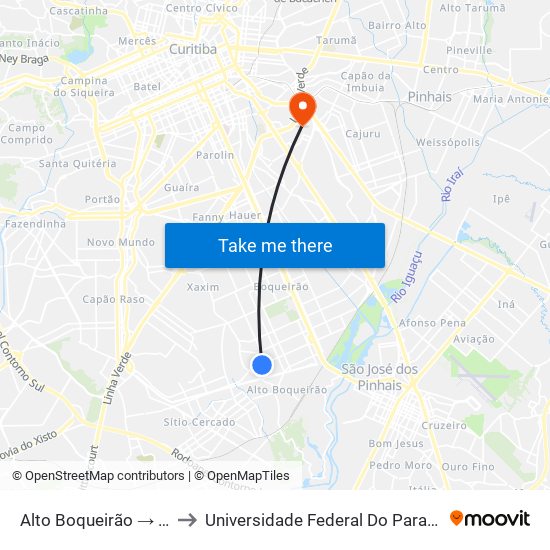 Alto Boqueirão → Terminal Boqueirão to Universidade Federal Do Paraná Campus Centro Politécnico map
