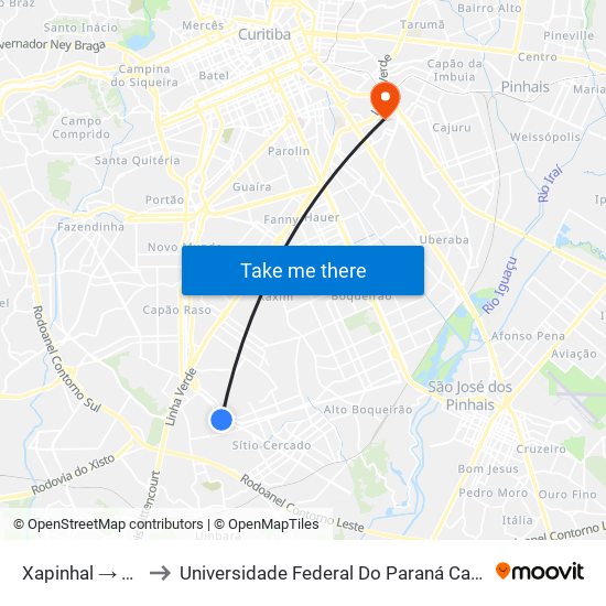 Xapinhal → Pinheirinho to Universidade Federal Do Paraná Campus Centro Politécnico map