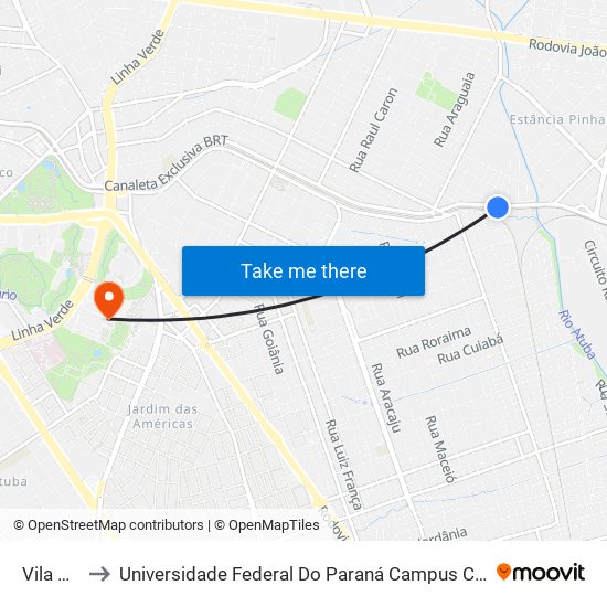 Vila Nova to Universidade Federal Do Paraná Campus Centro Politécnico map