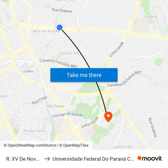 R. XV De Novembro, 2700 to Universidade Federal Do Paraná Campus Centro Politécnico map