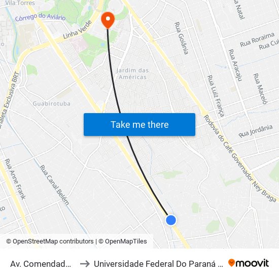 Av. Comendador Franco, 5798 to Universidade Federal Do Paraná Campus Centro Politécnico map