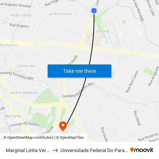 Marginal Linha Verde Sul - Vila Olímpica to Universidade Federal Do Paraná Campus Centro Politécnico map