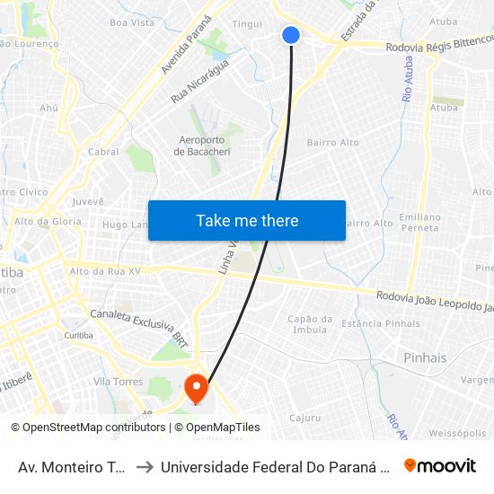 Av. Monteiro Tourinho, 1090 to Universidade Federal Do Paraná Campus Centro Politécnico map