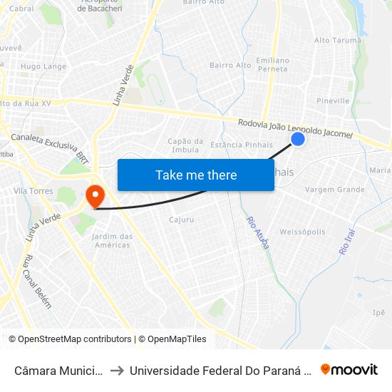 Câmara Municipal De Pinhais to Universidade Federal Do Paraná Campus Centro Politécnico map