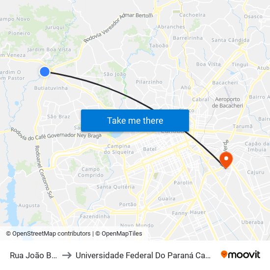 Rua João Budel, 455 to Universidade Federal Do Paraná Campus Centro Politécnico map