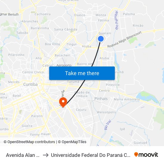 Avenida Alan Kardec, 635 to Universidade Federal Do Paraná Campus Centro Politécnico map