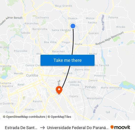 Estrada De Santa Cândida, 1343 to Universidade Federal Do Paraná Campus Centro Politécnico map