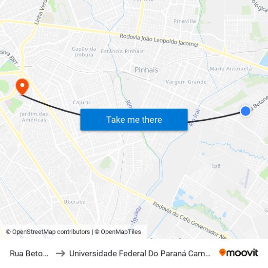 Rua Betonex, 276 to Universidade Federal Do Paraná Campus Centro Politécnico map