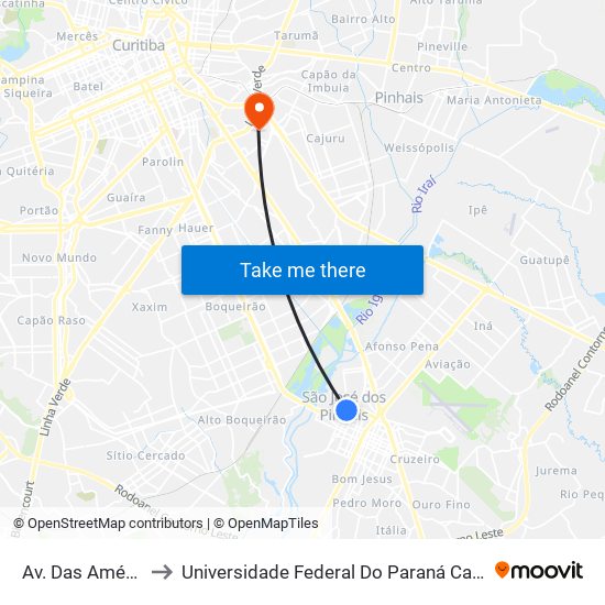 Av. Das Américas, 1000 to Universidade Federal Do Paraná Campus Centro Politécnico map